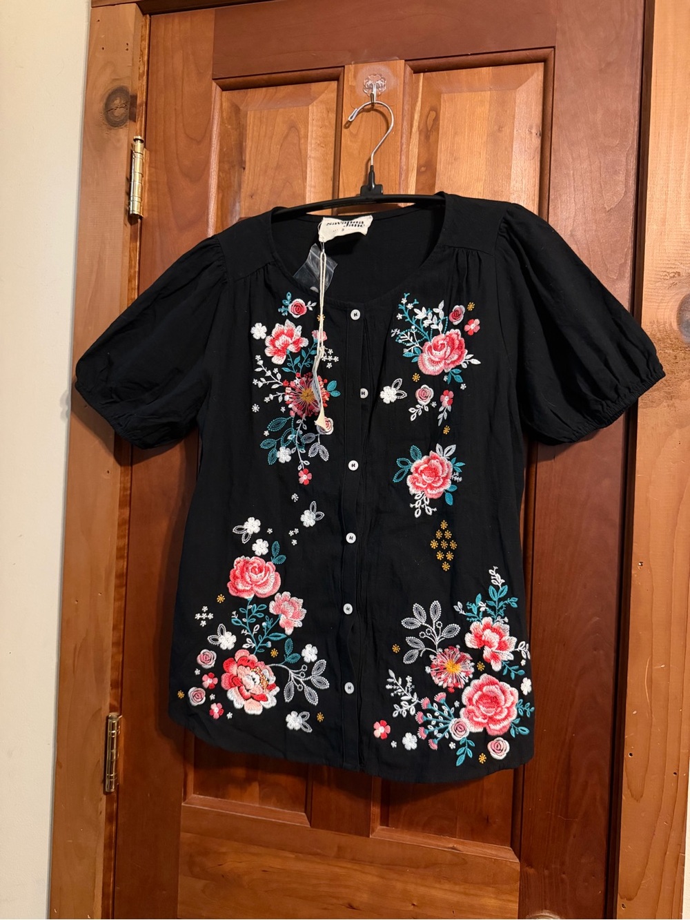 Savanna Jane Black Button-Front Top with Pink & Teal Floral Embroidery